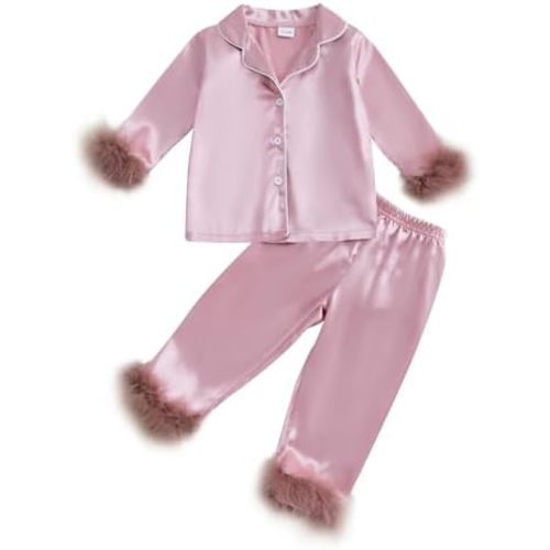 Toddler Baby Girl Satin Pajamas Set Fuzzy Trim Button Down Sleep Shirt Top Pants Bottoms Sleepwear Loungewear Set