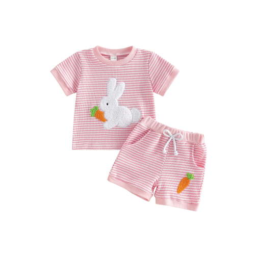 Loicainy Baby Toddler Girls Easter Summer Outfits 6 12 18 24 Months 2T 3T Short Sleeve Crew Neck Bunny Carrot Embroidery Tops and Elastic Waist Striped Shorts Clothes Set
