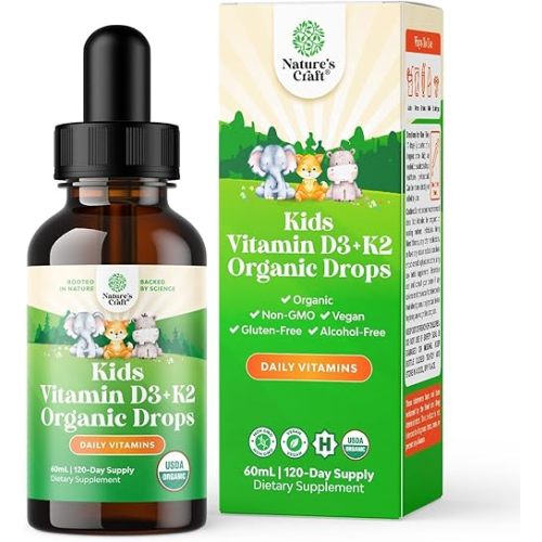 Natures Craft Kids Vitamin D3 K2 Drops - Organic Vitamin D for Kids for Strong Bones & Joints - Infants, Babies & Toddler Immune Support Drops Liquid Supplement - 60 ml Bottle