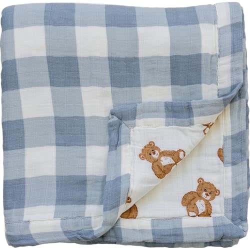 Mebie Baby Muslin Quilt, Dusty Blue Gingham Teddy Bear, 100% Cotton Baby Blanket for Girls & Boys, Newborns to Toddler, Soft Swaddle Blanket, 47"x47"