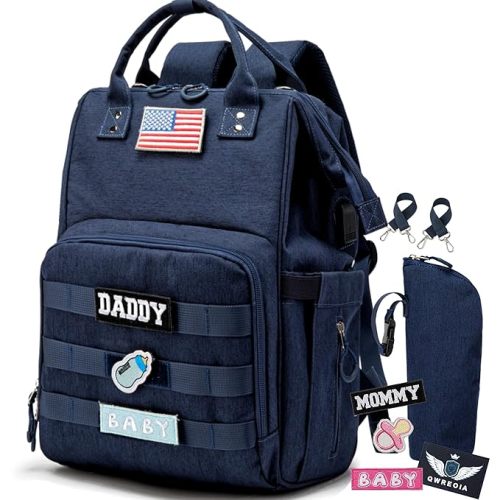 Diaper Bag Backpack for Dad and Mom with USB Charging Port Stroller Straps and Insulated Pocket,army military Travel Nappy Backpack for Daddy/Mommy (Navy)