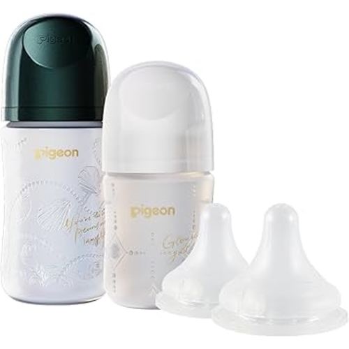 Pigeon Glass Baby Bottle Feeding Gift Set with Silicone Coating, Nurture & Nest, Anti-Colic Wide Neck & Latch-On Nipple, 2 Bottles (5.4/8.1 Oz) and 2 Extra Stage 2/4 Nipples