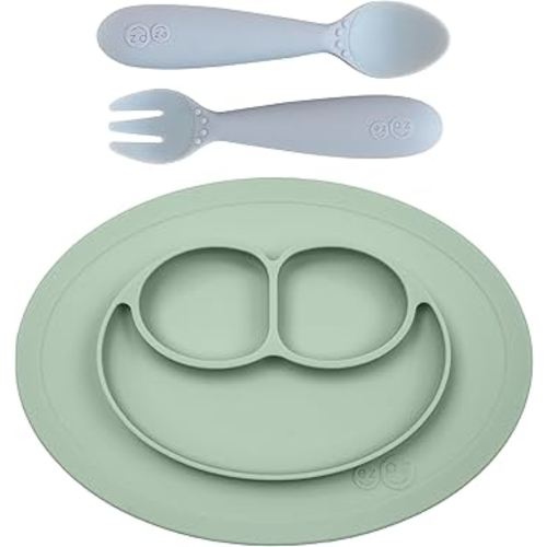 ezpz Mini Mat (Sage) + Mini Utensils (Fork & Spoon in Pewter) - Toddler essentials mat and spoon