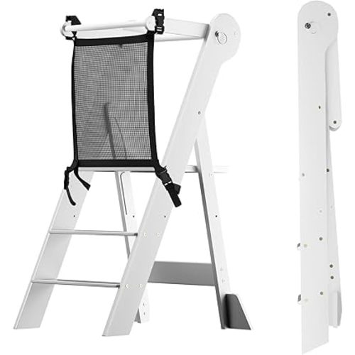 COSYLAND Foldable Toddler Kitchen Stool Helper - Height Adjustable Kitchen Standing Tower for Bathroom Sink or Counter - Step Stool for Toddlers Ages 18 Months to 6 Years White
