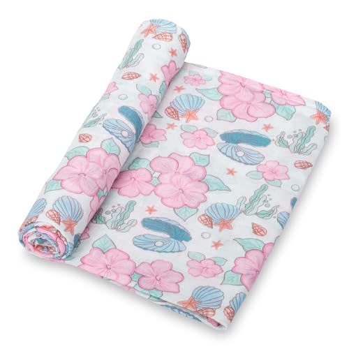 LollyBanks Baby Swaddle Blanket for Girls, 100% Cotton Soft and Breathable Muslin Swaddle Blanket 47 x 47 Inches, Lightweight Newborn Blankets, Baby Essentials Must Haves (Clams Flower Print)