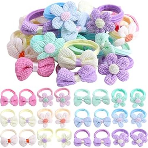24 Pcs Toddler Hair Ties for Girls, Baby Hair Tie Cute Flower Elastic Scrunchies, Seamless Ponytail Holders, Little Girls Hair Accessories for Thick Hair, Pink, Purple, Blue