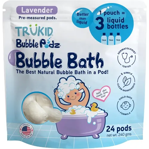 TruKid Bubble Podz Bubble Bath for Kids, Toddlers, & Babies, Tear Free Gentle & Refreshing Bath Bomb for Sensitive Skin with Natural Moisturizers, Non-Toxic, pH Balanced, Lavender Scent (24 Podz)