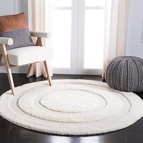 SAFAVIEH Florida Shag Collection Area Rug - 4' Round, Creme & Creme, Border Design, Non-Shedding & Easy Care, 1.2-inch Thick Ideal for High Traffic Areas in Living Room, Bedroom (SG454-1111)
