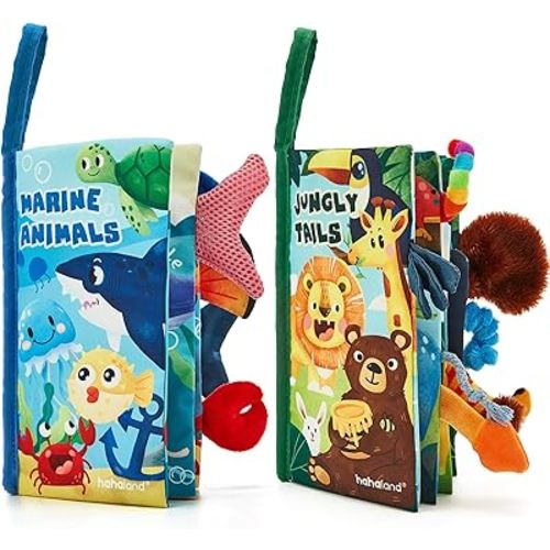 hahaland Baby Toys 0-6 Months - Crinkle Books for Babies 2-Pack, Soft Cloth Sensory Touch Feel Baby Book 6-12 Months, Infant Tummy Time Toys 3 Month Newborn Baby Boys Gifts Christmas Stocking Stuffers