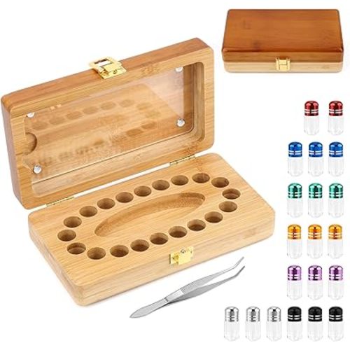 Coolrunner Tooth Boxes for Lost Teeth for Kids, Baby Teeth Keepsake Box for 20 Holes, Solid Wood Teeth Boxes, Baby Tooth Box with tweezers and mini bottle
