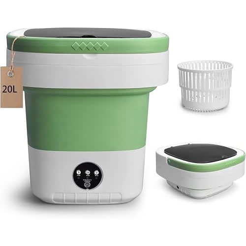20L Portable Washing Machine, Mini Washer with Spin Basket Laundry Machine, 3 Modes Deep Cleaning, Upgraded Small Collapsible Laundry for Hotel, Apartment, Home and Travel - Green
