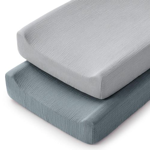 Comfy Cubs Muslin Fitted Changing Pad Cover - Soft, Breathable, Washable 100% Cotton for Comfort - Universal Fit (2 Pack, Pacific Blue and Heather)