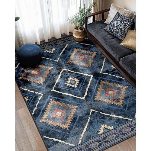 Area Rug 5x7 Rug Machine Washable Non-Slip Low Pile Print Pattern Western Rug for Living Room Bedroom Entryway Tribal Series -Darkblue