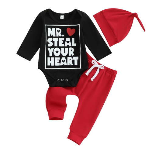 Bagilaanoe 3pcs Newborn Baby Boys Valentines Day Clothes Long Sleeve Romper Tops + Sweatpants + Hat 3M 6M 12M 18M Infant Pants Set