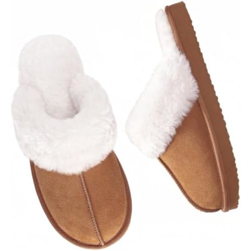 OOW Fuzzy Slippers for Women Cozy Faux Fur House Shoes Memory Foam Slippers