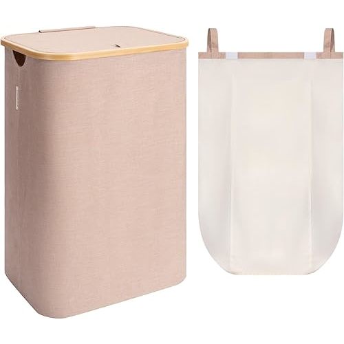 StorageWorks 100L Large Laundry Hamper with Lid, Tall Laundry Basket with Bamboo Handles and Removable Inner Bag, Collapsible Laundry Hamper for Clothing, Towels, Reddish Brown, 1-Pack