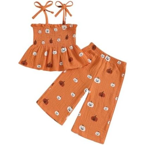 VISGOGO Halloween Toddler Girl Outfit Pumpkin Smocked Tie-up Spaghetti Strap Tops Leg Pants Halloween Baby Girl Clothes
