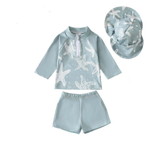 Gunia Newborn Swimsuit Boy Girl Ocean Star Print Romper With Matching Hat Summer Beach Outfit for Toddlers Age 3 Months To 5 Years Swimwear Poolside Light Green 6-12 Months
