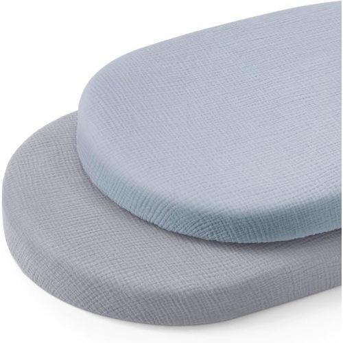 Blissful Diary Muslin Bassinet Sheets for Baby Girls Boys, Boho Soft Cotton Fitted for Oval Hourglass Rectangle Mattress, 2 Pack, Light Blue&Grey