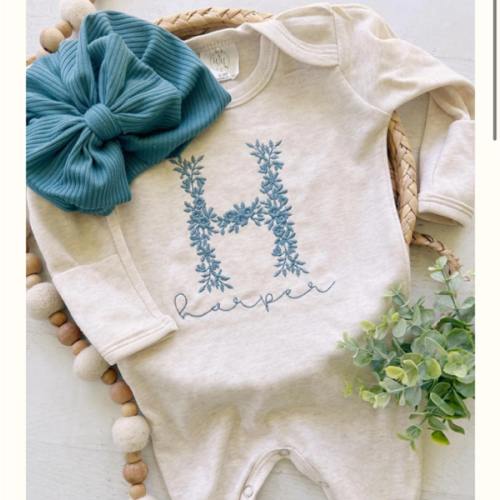 Personalized Baby Girl Outfit | Oatmeal Romper Muted Blue Floral Baby – Wonderfully Made