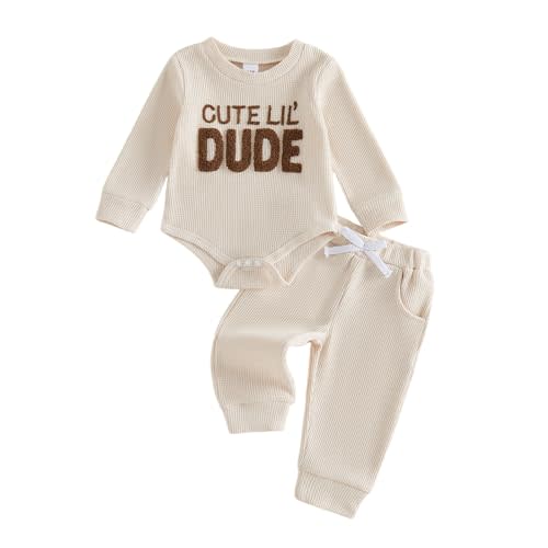 Adobabirl Baby Boy Fall Winter Clothes Cute Lil's Dude Embroidery Long Sleeve Romper Pants Set Newborn Waffle Knit Outfits
