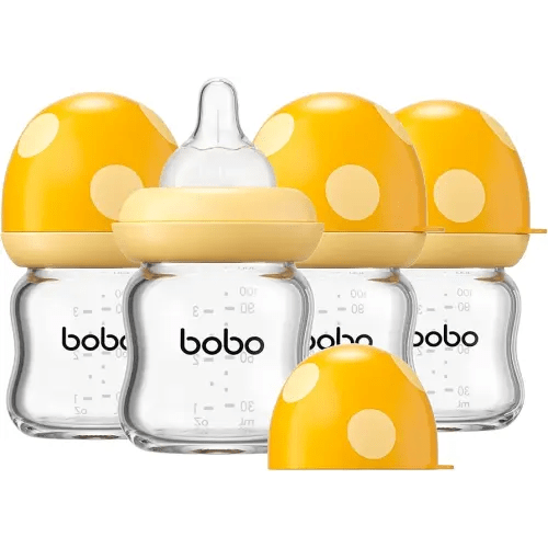 YOHKOH Natural Glass Baby Bottle with Level 1 Slow Flow Nipple, Newborn Anti-Colic Baby Bottles, Wide Neck Mushroom Baby Glass Bottle (Yellow-A, 3.4oz (Pack of 4))