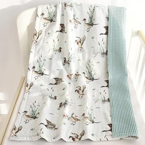 LifeTree Waffle Baby Blankets, Muslin Swaddle Blanket for Boys Girls, 2 Layers Crib Stroller Receiving Blankets with Muslin Front and Waffle Backing Infant Newborn Mallard Duck