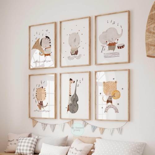Safari Animal Music Prints for Nursery, Cute Jungle Band Wall Art, Gender Neutral Baby Room Decor, Fun Animal Musician Gift