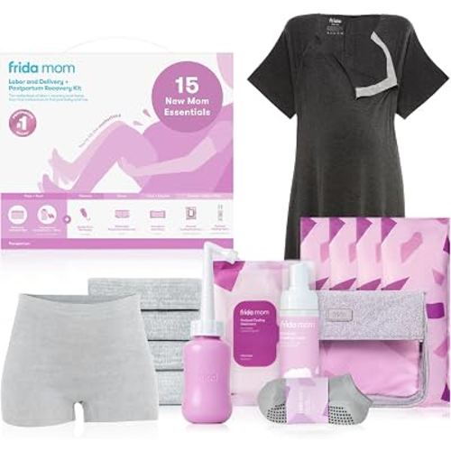 Frida 15pc Labor & Postpartum Kit Gift Set for Baby Showers & Mom to Be | Peri Bottle, Nursing Gown, Disposable Underwear, Ice Maxi Pads, Pad Liners, Perineal Foam & Bag