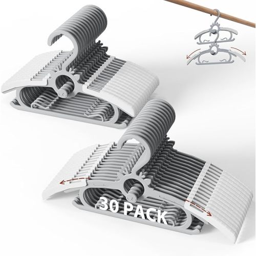 Toddler Hangers 60PCS, 11"-14" Extendable and Stackable Baby Hangers, 45g Ultra-Thick Space Saving Non-Slip Plastic Hanger for Infant, Kids and Nursery Closet (Gray-White-60)