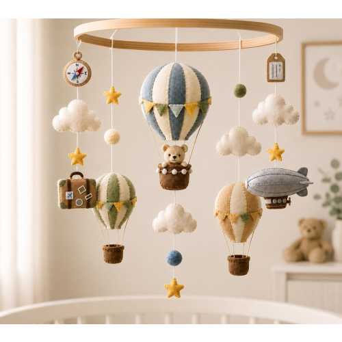 Hot Air Balloon Baby Mobile, Travel Nursery Decor, Teddy Bear Crib Mobile, Airship Mobile, Adventure Theme Nursery, Girl Dad, Boy Mom
