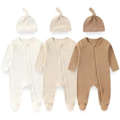 Unisex Newborn Baby Long Sleeve Romper 3-Pack with Matching Hats Solid Color Outfits