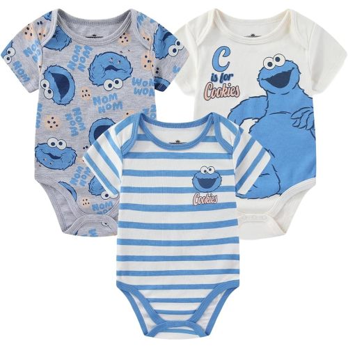 Sesame Street Cookie Monster Baby Boys 3 Pack Bodysuit for Newborn and Infant