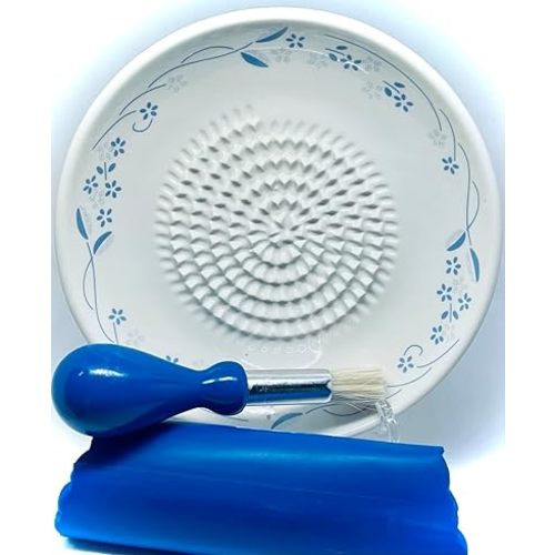 All-in-one Premium Ceramic Garlic Grater Plate 4-Piece Set - Classic Flower Line on White Design - For Garlic, Ginger, Chocolate, and more! - Comes with 5.25" Plate, Peeler, Brush, and Stand