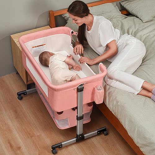 Soobaby Baby Crib,3 in 1 Bedside Crib Adjustable Portable Bed for Infant,Baby Bassinet Newborn Must Have Bed,Pink