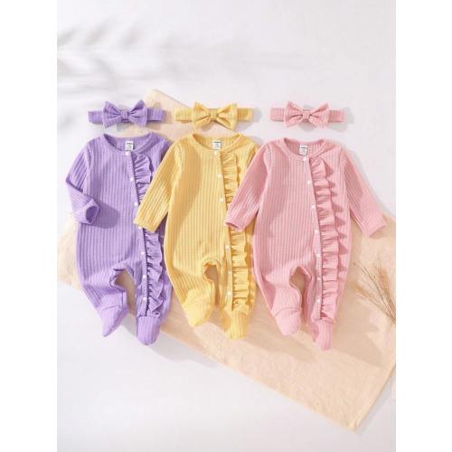 3pcs/Set Newborn Minimalist Solid Color Series White, Pink, Watermelon Pink Long Sleeve Romper & Headband Homesuit Fall Winter | SHEIN USA