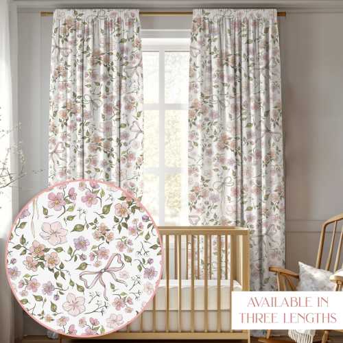 Pink Bow Nursery Curtain Watercolor Floral Drapes Baby Girl Room Window Curtain Cottagecore Curtain Set Girl Room Decor Curtain Panel Set