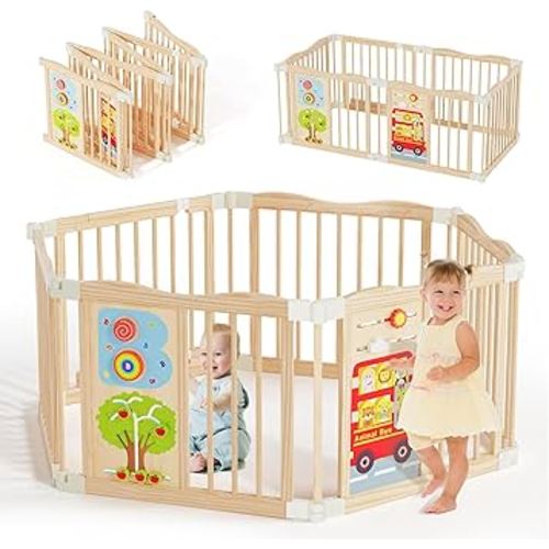 Foldable Wooden Playpen - Adjustable Wood Baby Play Yard with Child-Proof Lock, Indoor Large Safety Fence for Babies and Toddlers - Easy Assembly, 6 Panels with Sensory Toys