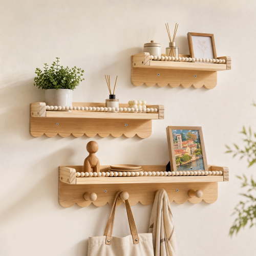 3Pcs Wooden Floating Shelves for Wall, Wall Mounted Storage Rack for Nursery Room Living Room Bathroom, Hanging Shelf for Books, Storage, Room Decor