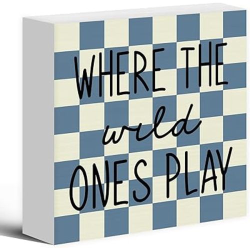 Where The Wild Ones Play Wood Box Sign Desk Decor 5X5, Nursery Kids Room Wooden Block Sign Decorations for Playroom Toddler Boys Room Wall Tabletop Shelf Decor