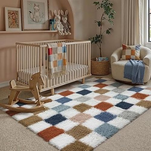 Checkered Rug 4x6 for Living Room, Modern Rainbow Shag Rug Super Soft Washable Fluffy Rugs Indoor Fuzzy Carpet for Bedroom Home Dorm Aesthetic Decor