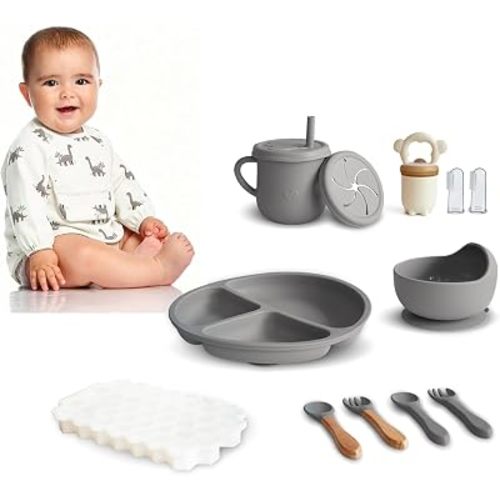 Silicone Baby Feeding Set, 12PCS Baby Plates and Bowls Set - Baby Led Weaning with Waterproof Bib, Divided Plate, Bowl, Spoons, Training Cup, Fruit Feeder & Freezer Tray(Matte Gray)