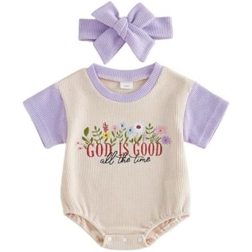 Baby Girl Christian Clothes God is Good Embroidery Bubble Romper Waffle Short Sleeve T-Shirt Bodysuit Summer Outfits