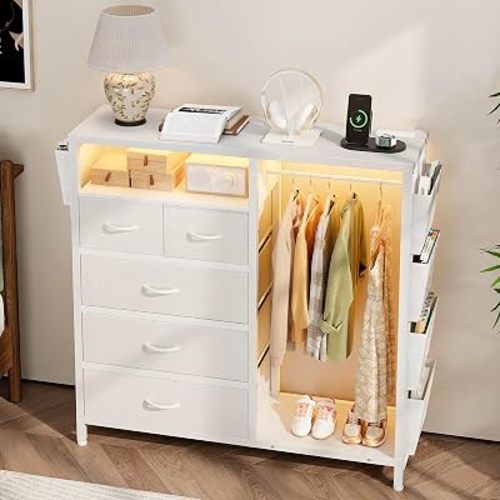 Dresser with Clothes Rack, 5 Drawer Chest with Charging Station & LED