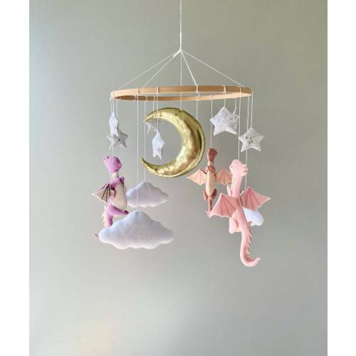 Dragon Baby Mobile, Felt Nursery Decor, Gold Moon and Stars