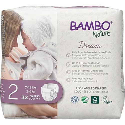 Bambo Nature Premium Eco-Friendly Baby Diapers, Size 2 (7-13 Lbs), 32 Count