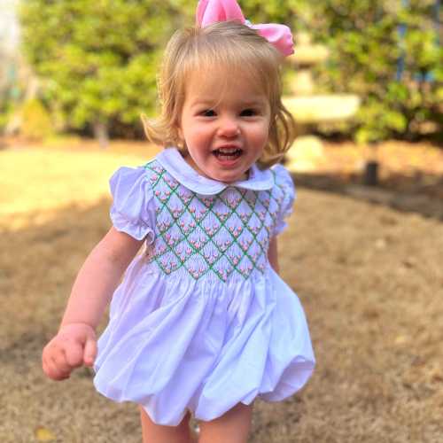 Smocked Tuscany Heirloom Bubble Romper, Classic Rose Embellished in green and pink, Baby Girl, Vintage Style, Matching Sibling 802 *B