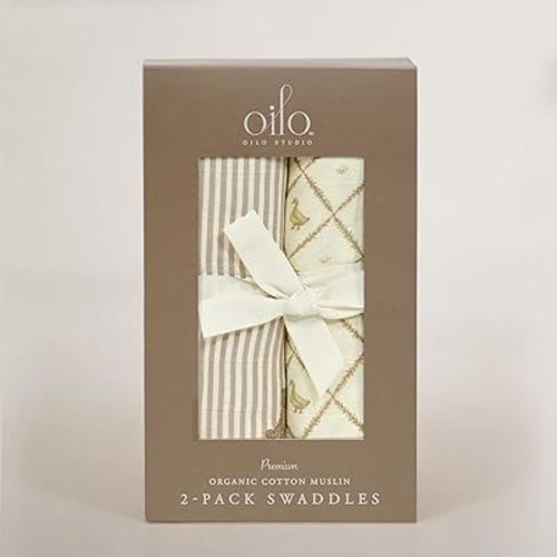 Oilo Premium Muslin Swaddle Blanket Set, Breathable 100% Organic Cotton 4-Way Muslin, Soft Large Receiving Blanket (46" x 46"), 2-Pack, (Bear & Butter Yellow Duck)