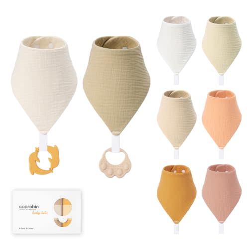 8-Pack Muslin Baby Bibs for Drooling and Teething | Soft& Absorbent, 100% Cotton, Adjustable Neck Fit, Newborn to Toddler 0-36M, with 2 teethers for everyday use