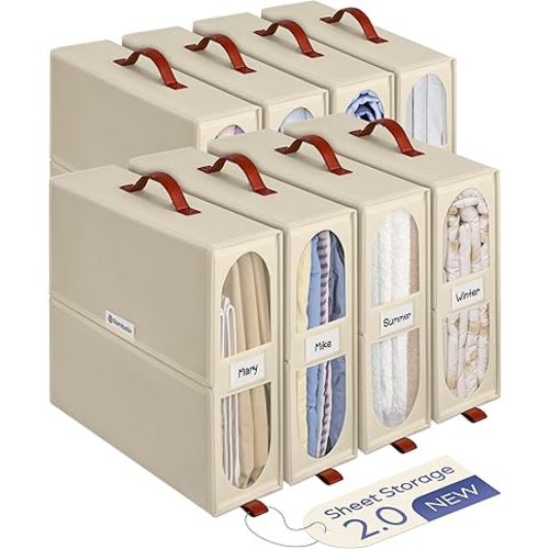 8x Bed Sheet Organizer Storage Boxes with Big See-Through Windows | Bedsheet Organizers Redesigned. Robust Bed Sheet Storage | 15x13x5 in. Sheet Organizers Containers (Off-White)
